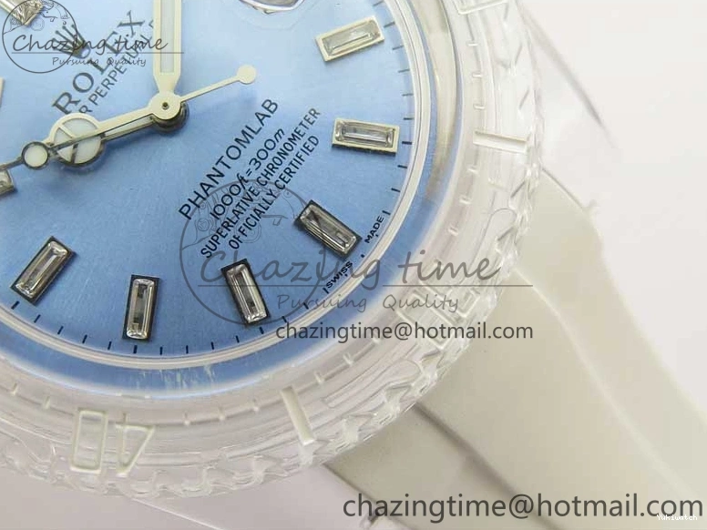 KZF Best Transparent on Phantomlab Rubber Edition VR3135 Dial Blue Light Strap White Submariner 0219